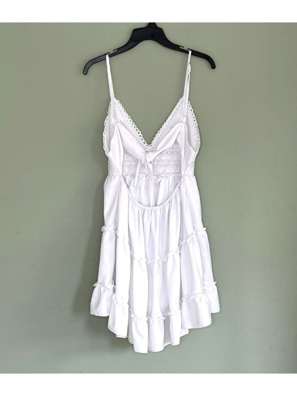 Mini Dress sz L Babydoll Beachy Wedding Coquette Lace Tiered Ruffled Hi Lo White - Picture 2 of 8